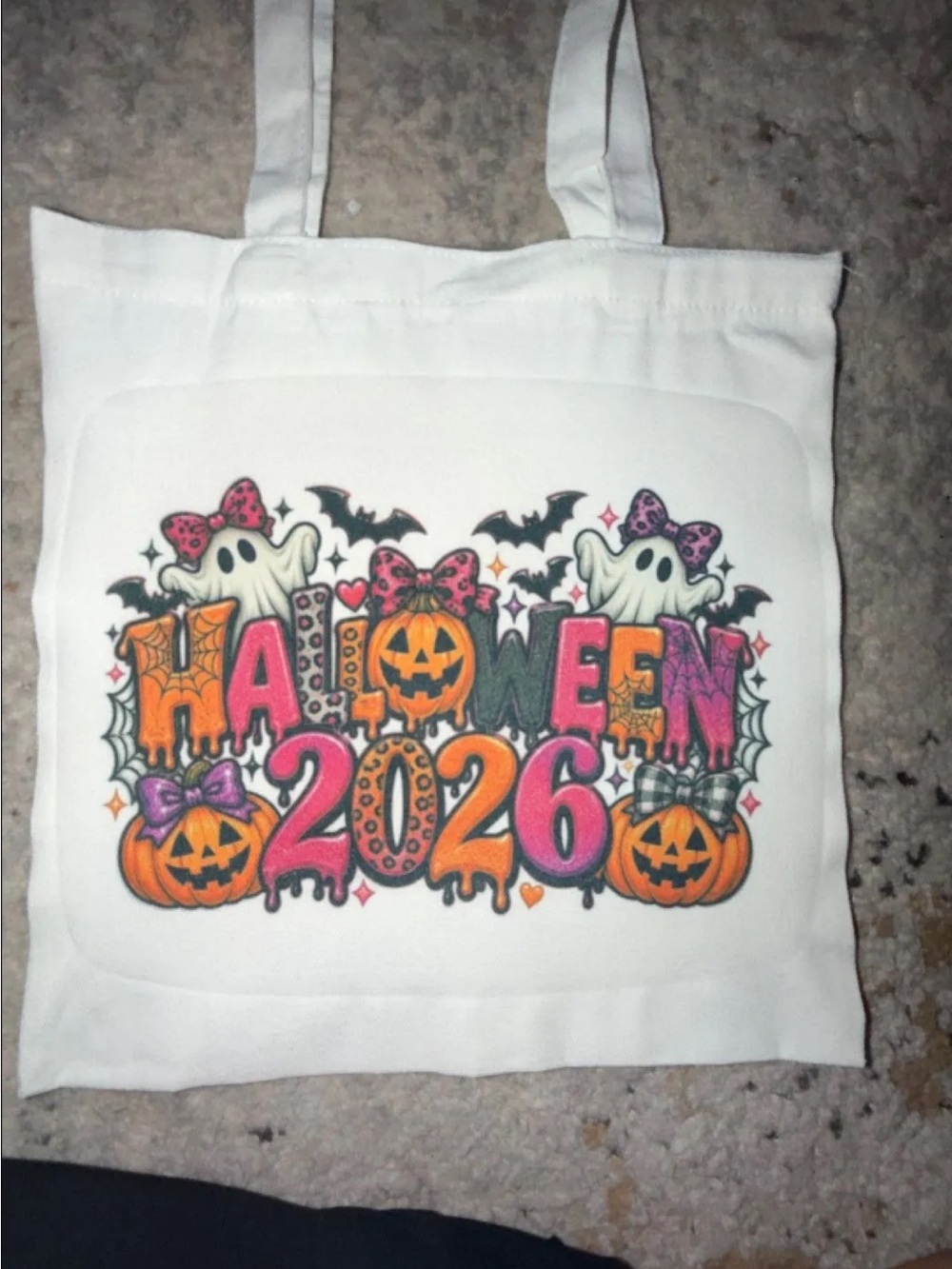 Halloween 2026 White Canvas Tote Bag with Colorful Print